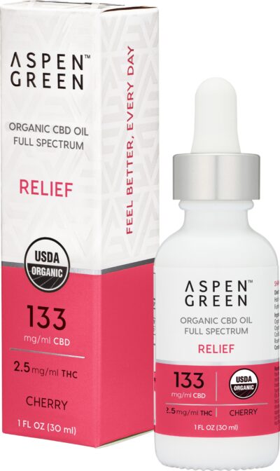 Aspen Green USDA Certified Organic CBD Oil with box, Relief (133mg/ml CBD), Cherry Flavor