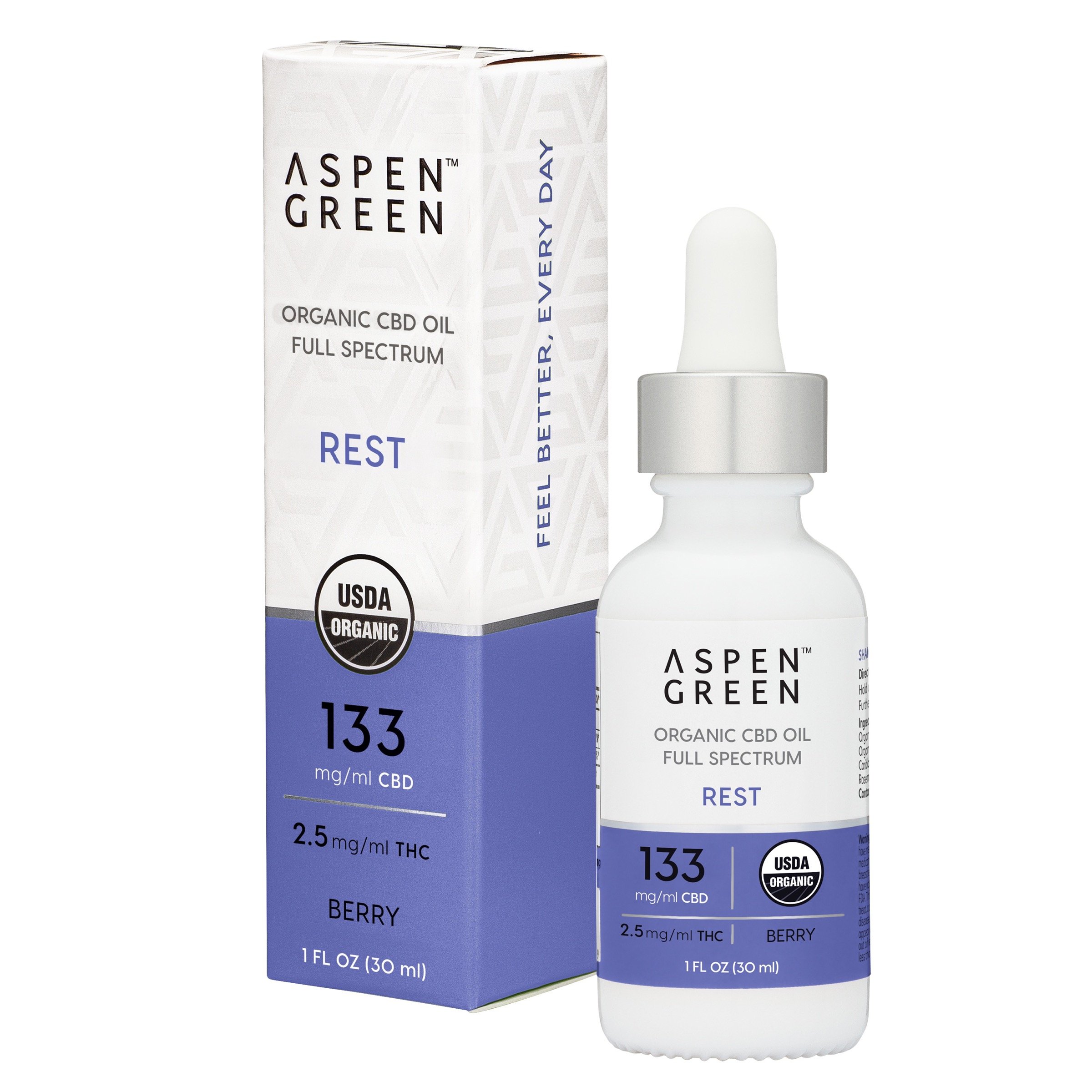 Aspen Green USDA Certified Organic CBD Oil with box, Rest (133mg/ml CBD), Berry Flavor