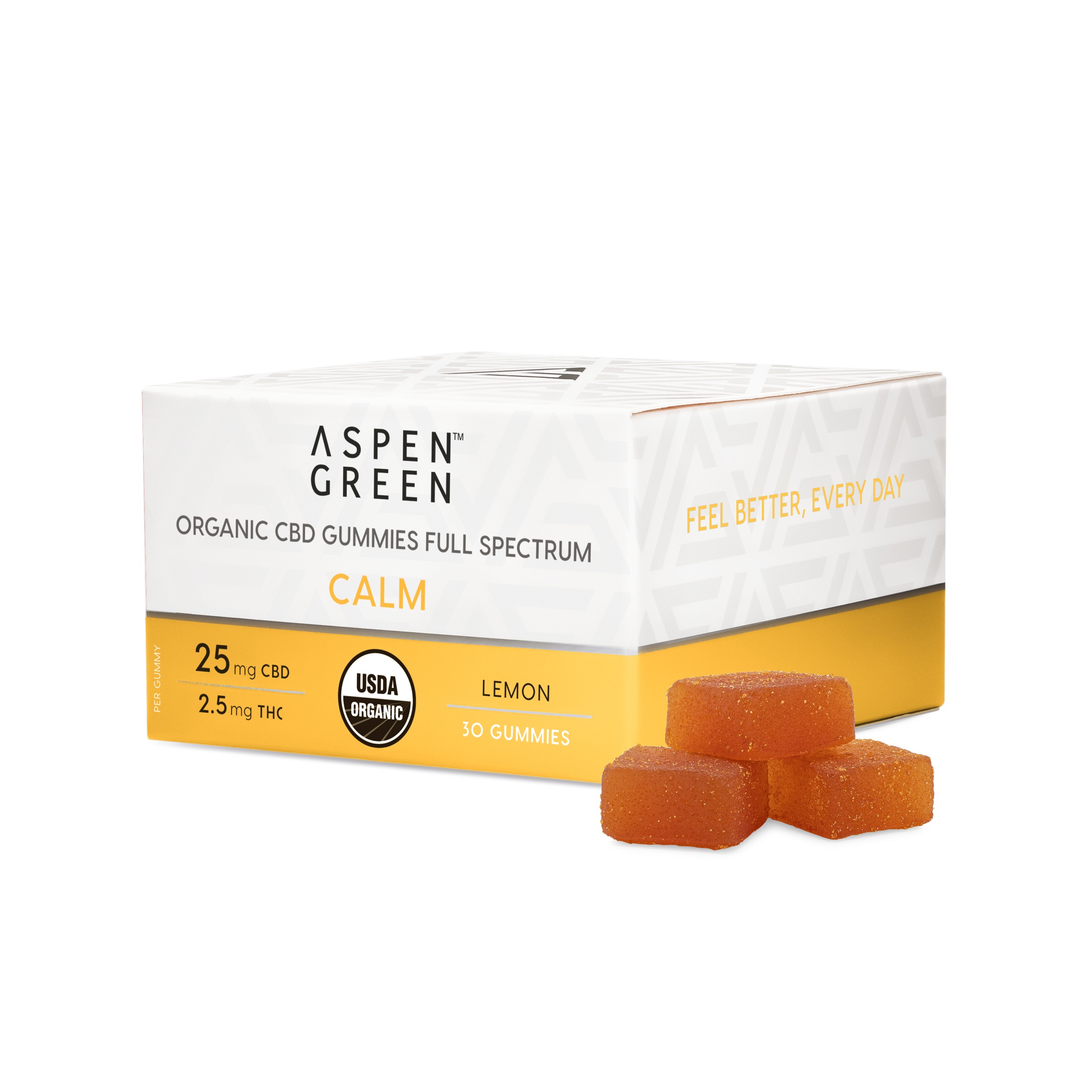 Aspen Green USDA Certified Organic CBD Gummies box with gummies, Calm (25mg CBD), Lemon Flavor