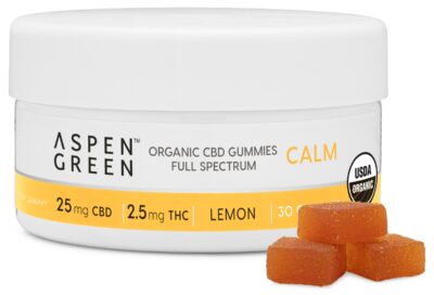 Aspen Green USDA Certified Organic CBD Gummies jar with gummies, Calm (25mg CBD), Lemon Flavor