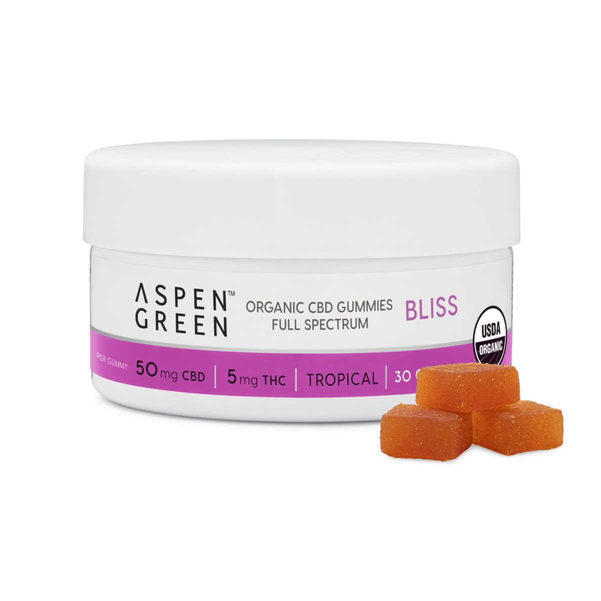 Aspen Green USDA Certified Organic CBD Gummies jar with gummies, Bliss (50mg CBD), Tropical Flavor