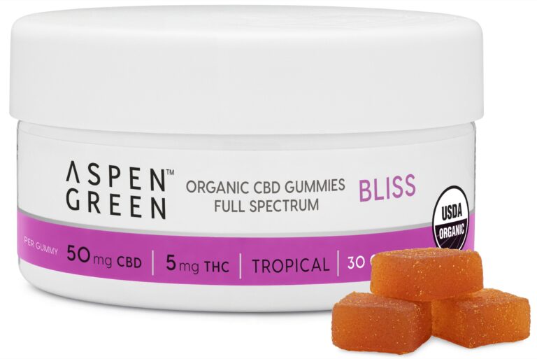 Aspen Green USDA Certified Organic CBD Gummies jar with gummies, Bliss (50mg CBD), Tropical Flavor