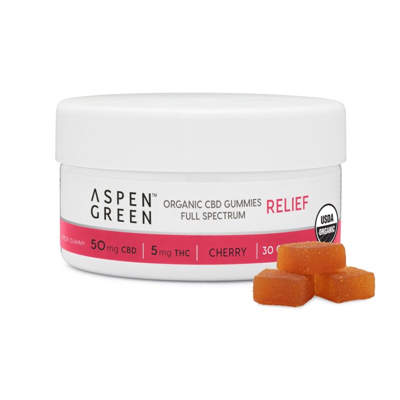 Aspen Green USDA Certified Organic CBD Gummies jar with gummies, Relief (50mg CBD), Cherry Flavor