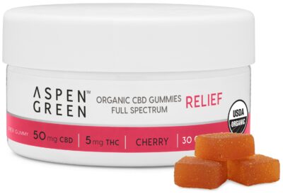 Aspen Green USDA Certified Organic CBD Gummies jar with gummies, Relief (50mg CBD), Cherry Flavor