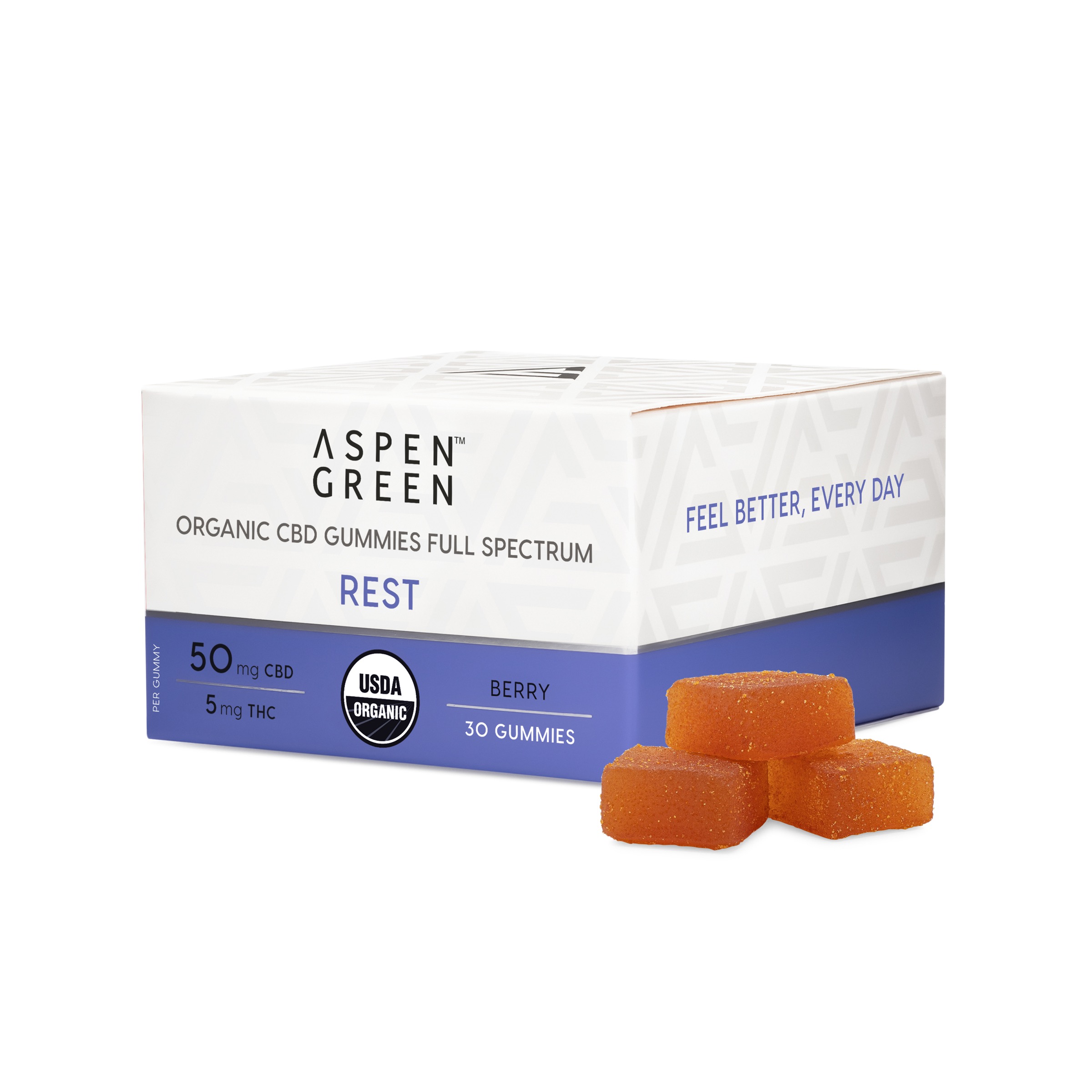 Aspen Green USDA Certified Organic CBD Gummies box with gummies, Rest (50mg CBD), Berry Flavor