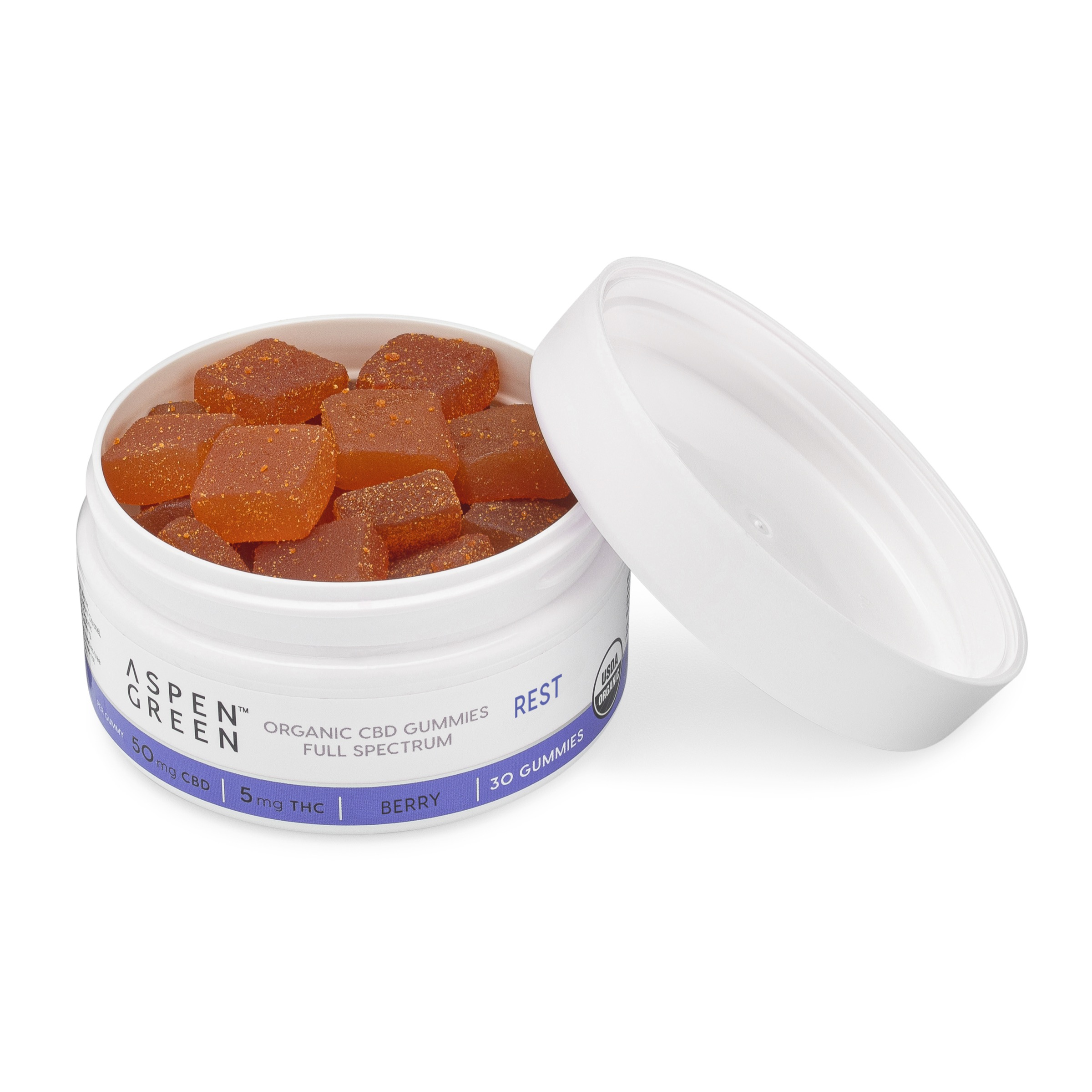 Aspen Green USDA Certified Organic CBD Gummies in open jar, Rest (50mg CBD), Berry Flavor