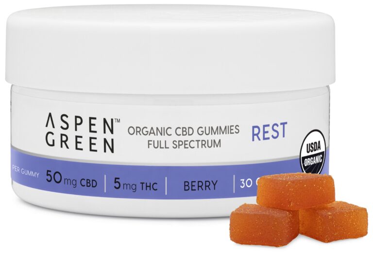 Aspen Green USDA Certified Organic CBD Gummies jar with gummies, Rest (50mg CBD), Berry Flavor