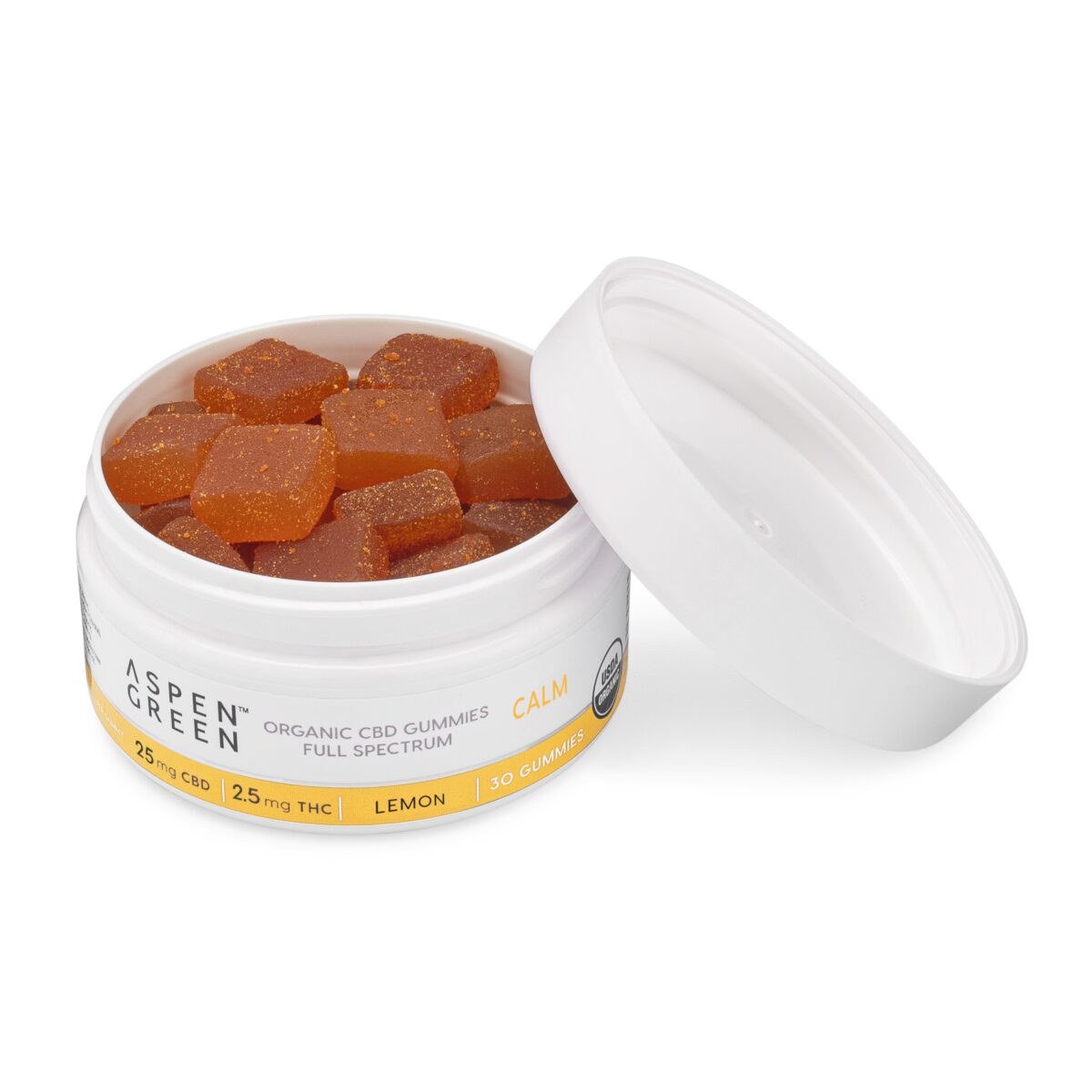 Aspen Green USDA Certified Organic CBD Gummies in open jar, Calm (25mg CBD), Lemon Flavor
