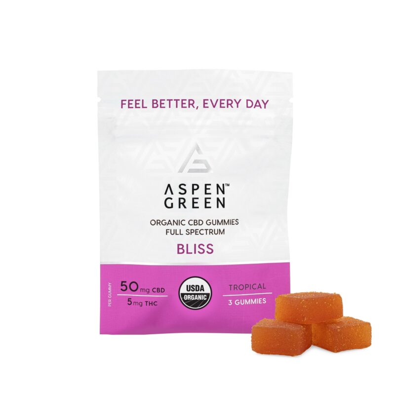 Aspen Green USDA Certified Organic CBD Gummies Sample Pack with gummies, Bliss (50mg CBD), Tropical Flavor