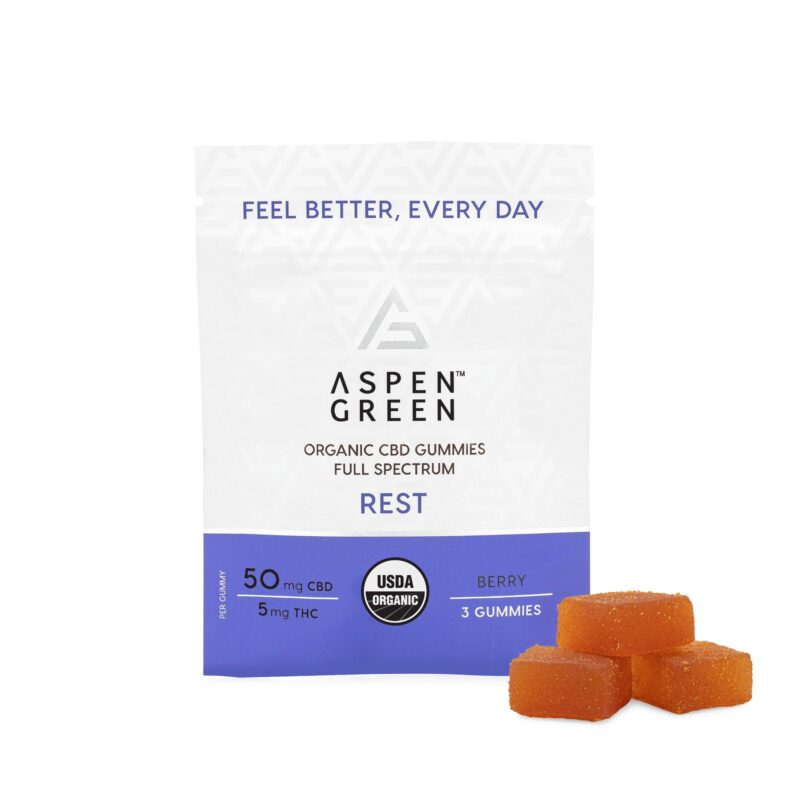 Aspen Green USDA Certified Organic CBD Gummies Sample Pack with gummies, Rest (50mg CBD), Berry Flavor