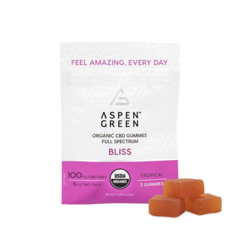 Aspen Green Organic CBD Gummies - Bliss (100mg CBD+CBDV) Tropical Flavor Sample Pack with Three Gummies Next to It