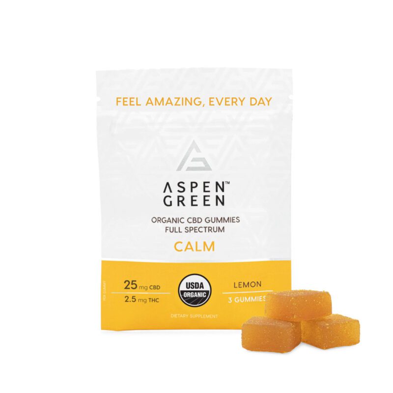Aspen Green Organic CBD Gummies - Calm (25mg CBD) Lemon Flavor Sample Pack with Three Gummies Next to It