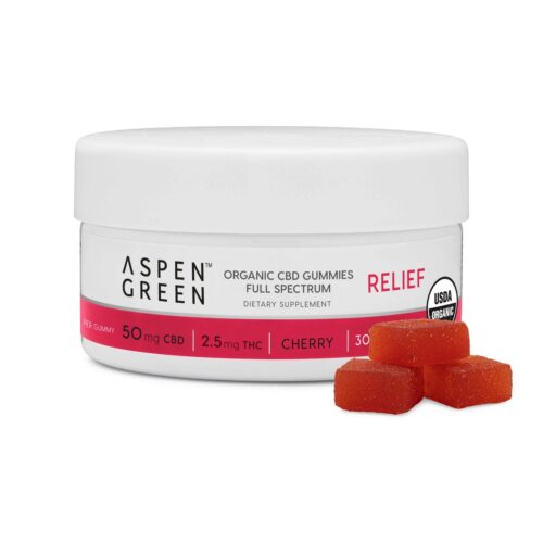 Aspen Green Organic CBD Gummies - Relief (50mg CBD) Cherry Flavor Jar with Three Gummies Next to It