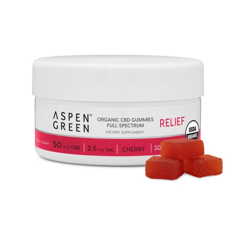 Aspen Green Organic CBD Gummies - Relief (50mg CBD) Cherry Flavor Jar with Three Gummies Next to It