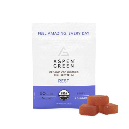 Aspen Green Organic CBD Gummies - Rest (50mg CBD) Berry Flavor Sample Pack with Three Gummies Next to It