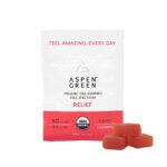 Aspen Green Organic CBD Gummies - Relief (50mg CBD) Cherry Flavor Sample Pack with Three Gummies Next to It