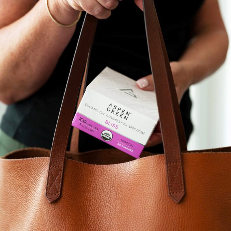 Woman putting Aspen Green CBD Bliss Gummies box in purse