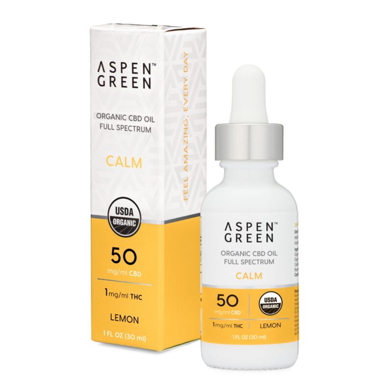 Aspen Green Calm CBD Oil Tincture & Box - USDA Certified Organic, 50mg/ml CBD, Lemon Flavor