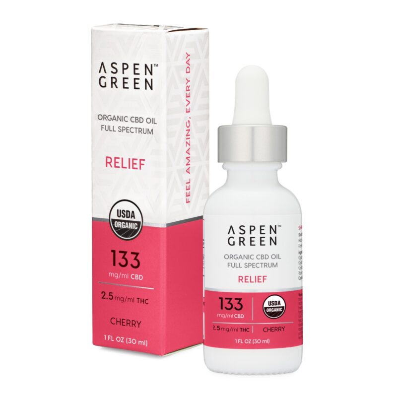 Aspen Green Relief CBD Oil Tincture & Box - USDA Certified Organic, 133mg/ml CBD, Cherry Flavor