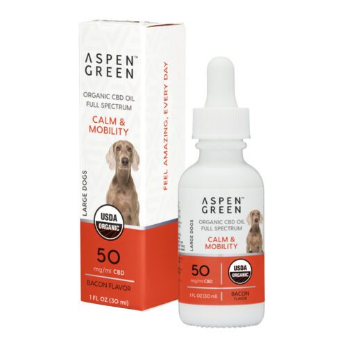 Aspen Green Calm & Mobility Large Dogs CBD Oil - USDA Certified Organic, Bacon Flavor - Bottle and Box