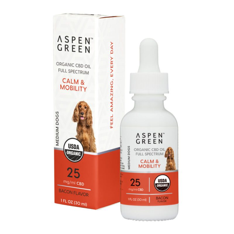 Aspen Green Calm & Mobility Large Dogs CBD Oil - USDA Certified Organic, Bacon Flavor - Bottle and Box