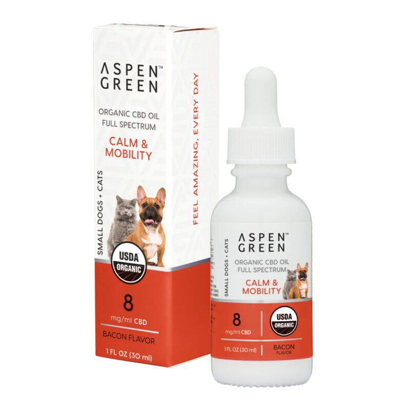 Aspen Green Calm & Mobility Small Dogs & Cats CBD Oil - USDA Certified Organic, Bacon Flavor - Bottle and Box