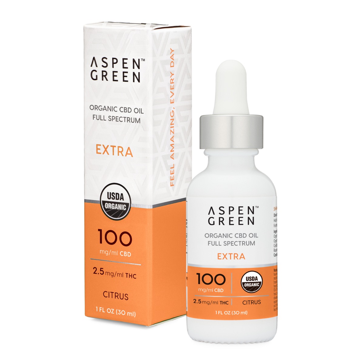 Aspen Green Extra CBD Oil Tincture & Box - USDA Certified Organic, 100mg/ml CBD, Citrus Flavor