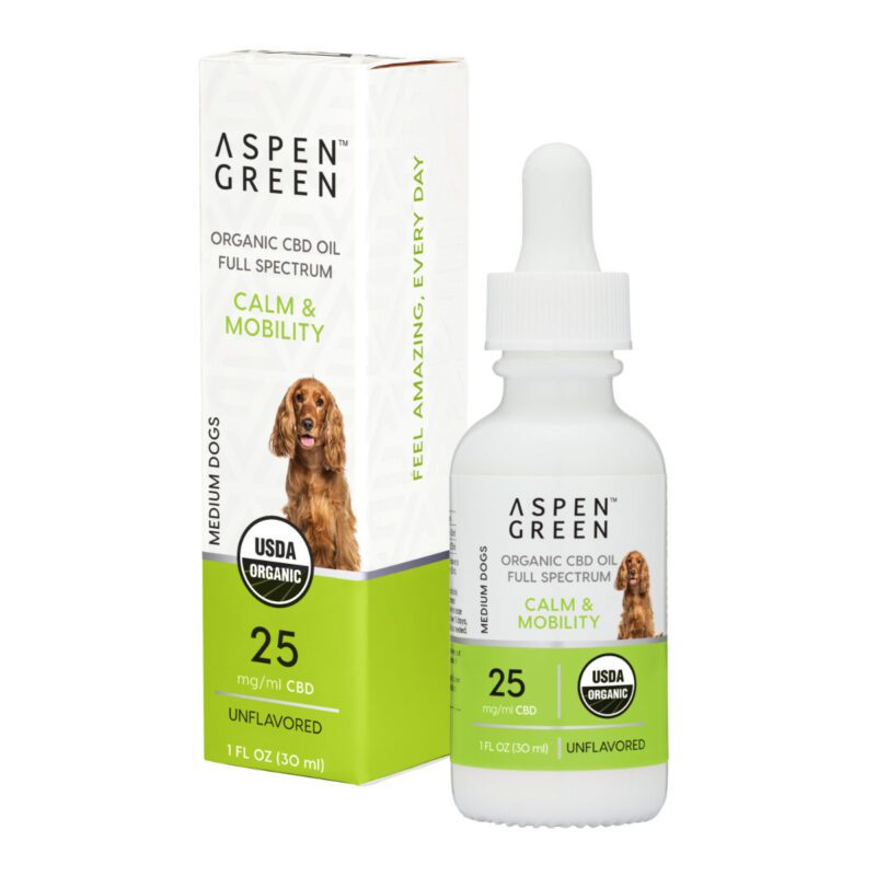 Aspen Green Calm & Mobility Medium Dogs CBD Oil - USDA Certified Organic, Unflavored - Bottle and Box