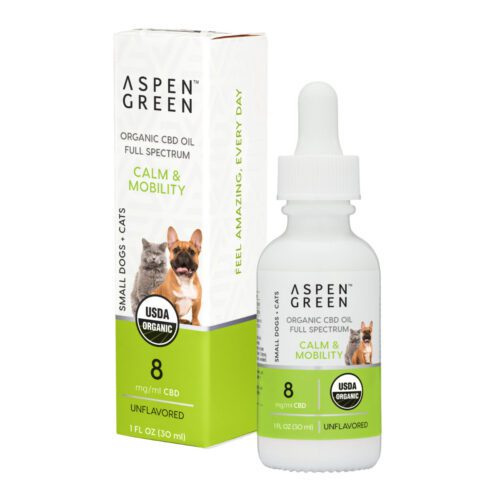 Aspen Green Calm & Mobility Small Dogs & Cats CBD Oil - USDA Certified Organic, Unflavored - Bottle and Box