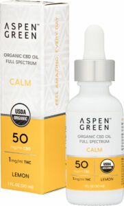 Aspen Green Calm CBD Oil Tincture & Box - USDA Certified Organic, 50mg/ml CBD, Lemon Flavor