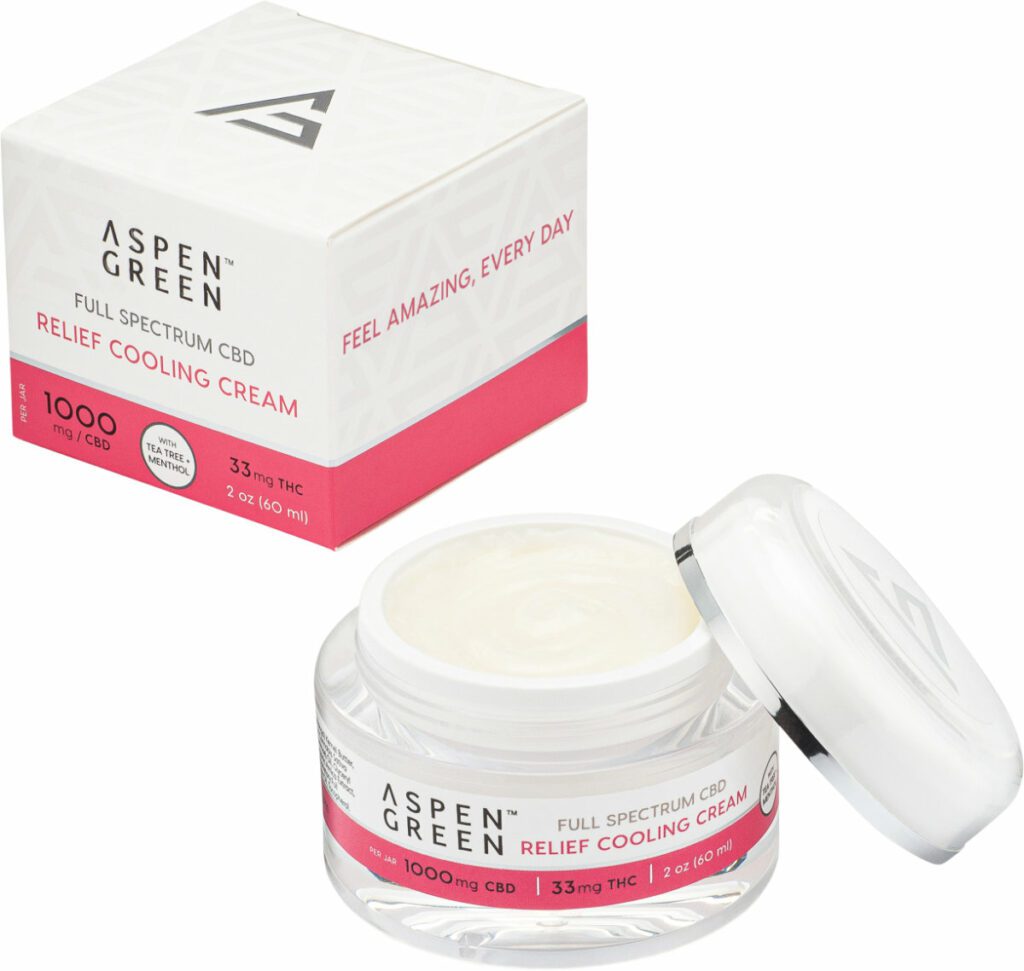 Aspen Green Relief Full Spectrum CBD Cooling Cream Open with Box- Tea Tree & Menthol, 1000mg CBD Aspen Green Relief Full Spectrum CBD Cooling Cream Open with Box- Tea Tree & Menthol, 1000mg CBD