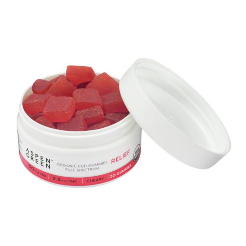 Aspen Green Relief Full Spectrum CBD Gummies - Open jar revealing USDA Certified Organic, 50mg CBD, Cherry Flavor, 30 count