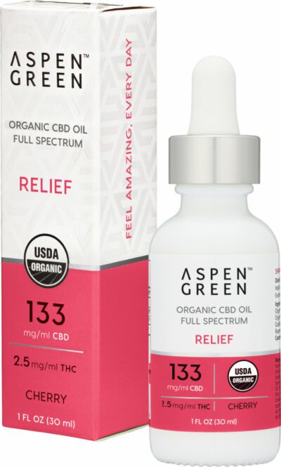 Aspen Green Relief CBD Oil Tincture & Box - USDA Certified Organic, 133mg/ml CBD, Cherry Flavor