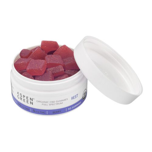 Aspen Green Rest Full Spectrum CBD Gummies - Open jar revealing USDA Certified Organic, 50mg CBD, Berry Flavor, 30 count