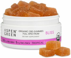 Aspen Green Bliss Full Spectrum CBD Gummies - Open jar revealing USDA Certified Organic, 100mg CBD+CBDV with 3 gummies next to it, Tropical Flavor, 30 count