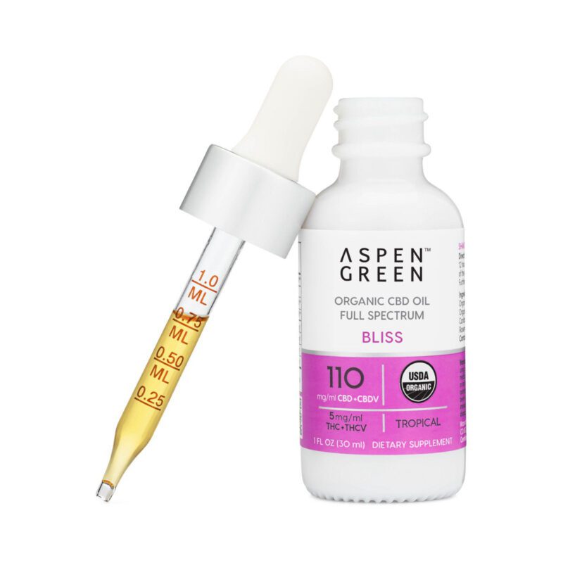 Aspen Green Bliss CBD Oil tincture bottle with a dropper leaning against the bottle.