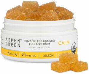 Aspen Green Calm Full Spectrum CBD Gummies - Open jar revealing USDA Certified Organic, 25mg CBD accompanied by three individual gummies, Lemon Flavor, 30 count