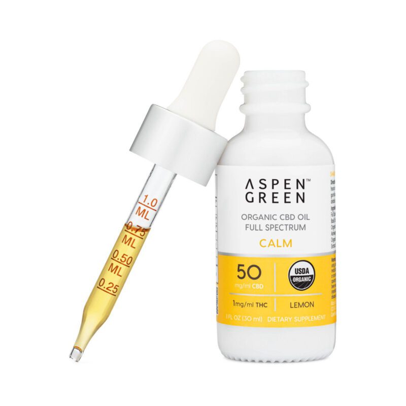 Aspen Green Calm CBD Oil tincture bottle with a dropper leaning against the bottle.