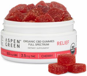 Aspen Green Relief Full Spectrum CBD Gummies - Open jar revealing USDA Certified Organic, 50mg CBD with 3 gummies next to it, Cherry Flavor, 30 count