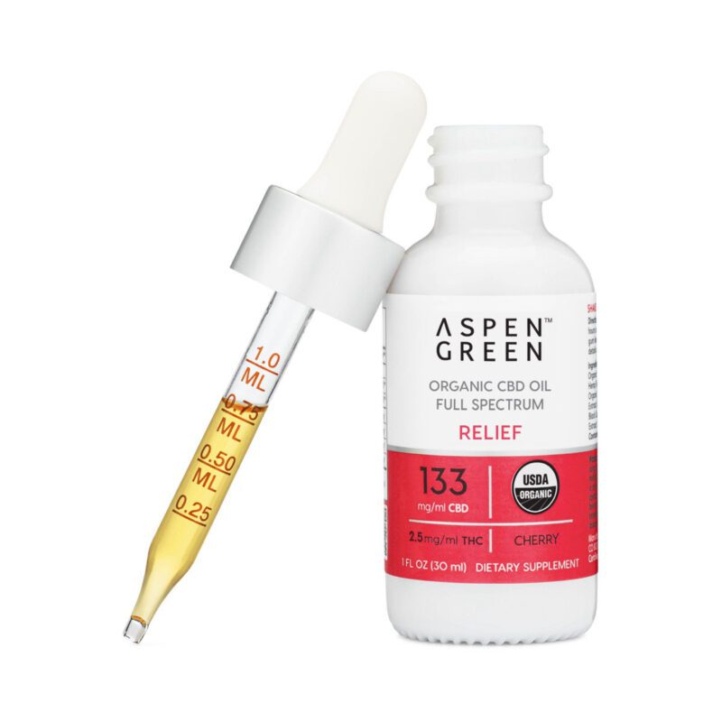 Aspen Green Relief CBD Oil tincture bottle with a dropper leaning against the bottle.