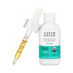 Aspen Green Extra Mint CBD Oil tincture bottle with a dropper leaning against the bottle.