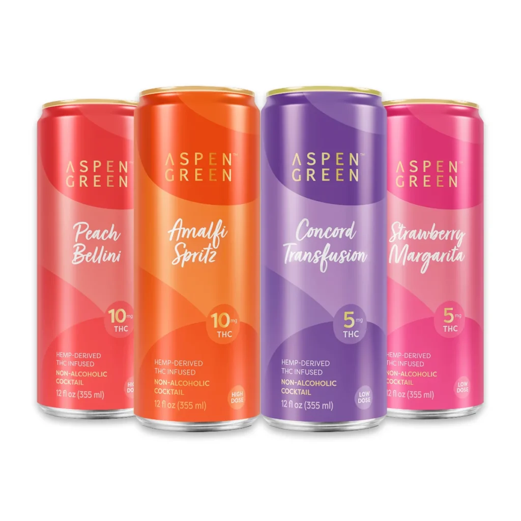 Four THC-infused beverage cans 3d Front view of four THC-infused beverage cans grouped together