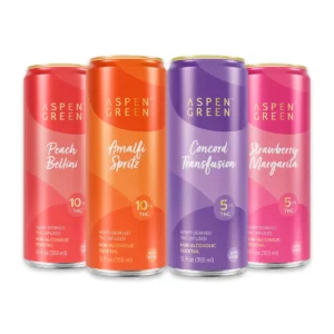 Front view of four THC-infused beverage cans grouped together