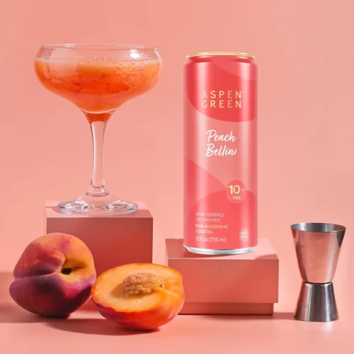 Aspen Green Peach Bellini 10mg THC drink lifestyle image