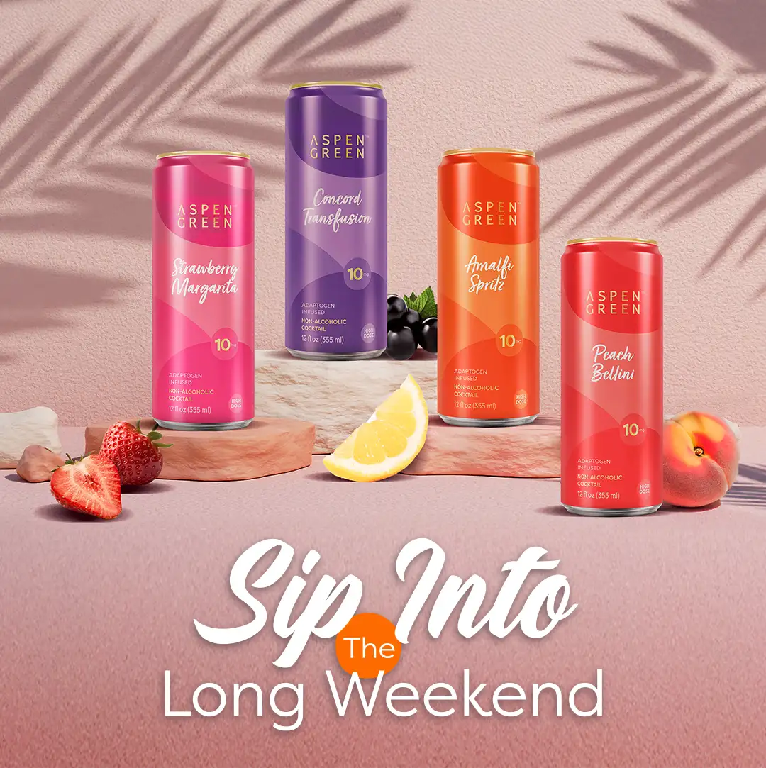Four Aspen Green THC non-alcoholic cocktails surrounded by fresh fruit with banner title 'Sip into the Long Weekend'