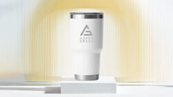Aspen Green white Yeti tumbler on a square pedestal