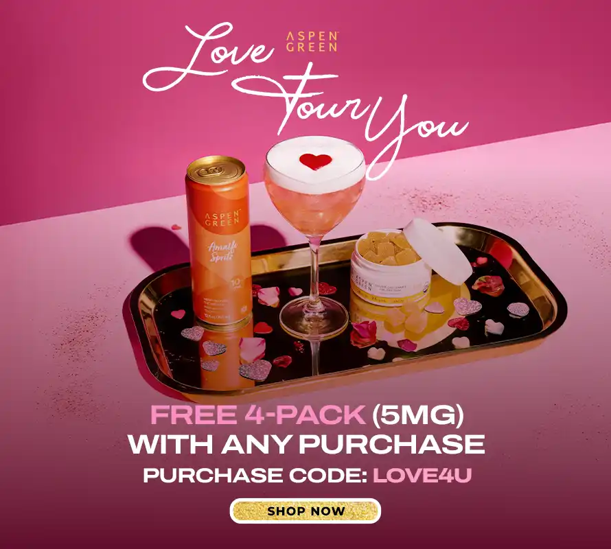'Love 4U' text promoting Free 4-Pack (5mg) on a pink background.